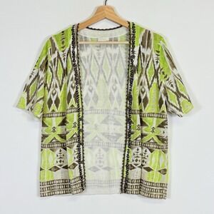 Chico's Cardigan Womens 1 Medium Green Ikat Beaded Sweater Coastal Boho Resort